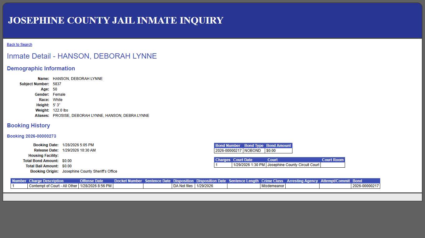 Inmate Detail - HANSON, DEBORAH LYNNE