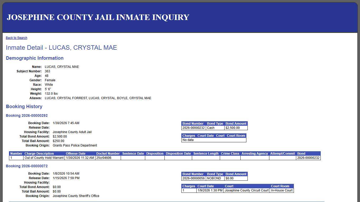 Inmate Detail - LUCAS, CRYSTAL MAE