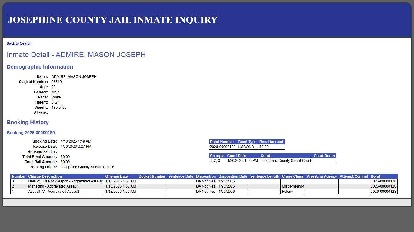Inmate Detail - ADMIRE, MASON JOSEPH