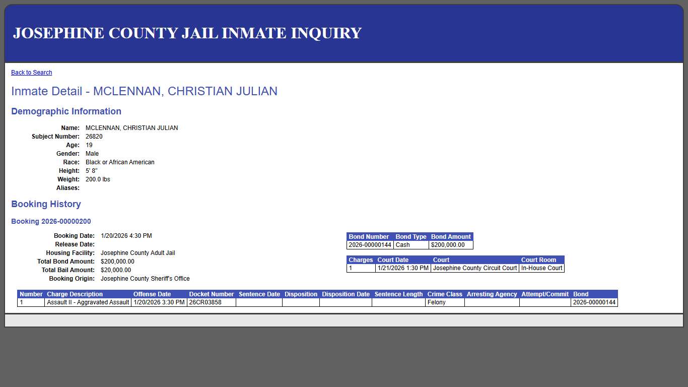 Inmate Detail - MCLENNAN, CHRISTIAN JULIAN