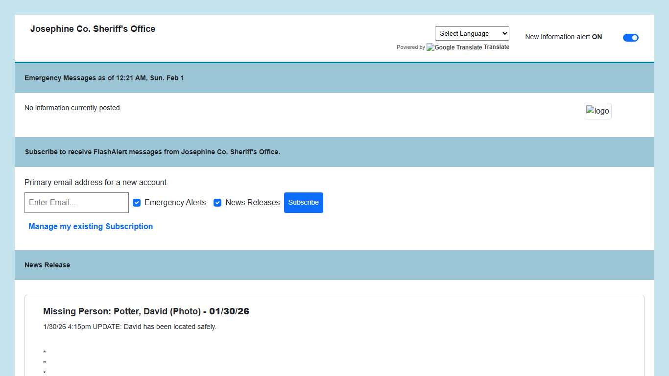 Josephine Co. Sheriff's Office News via Flashalert.net