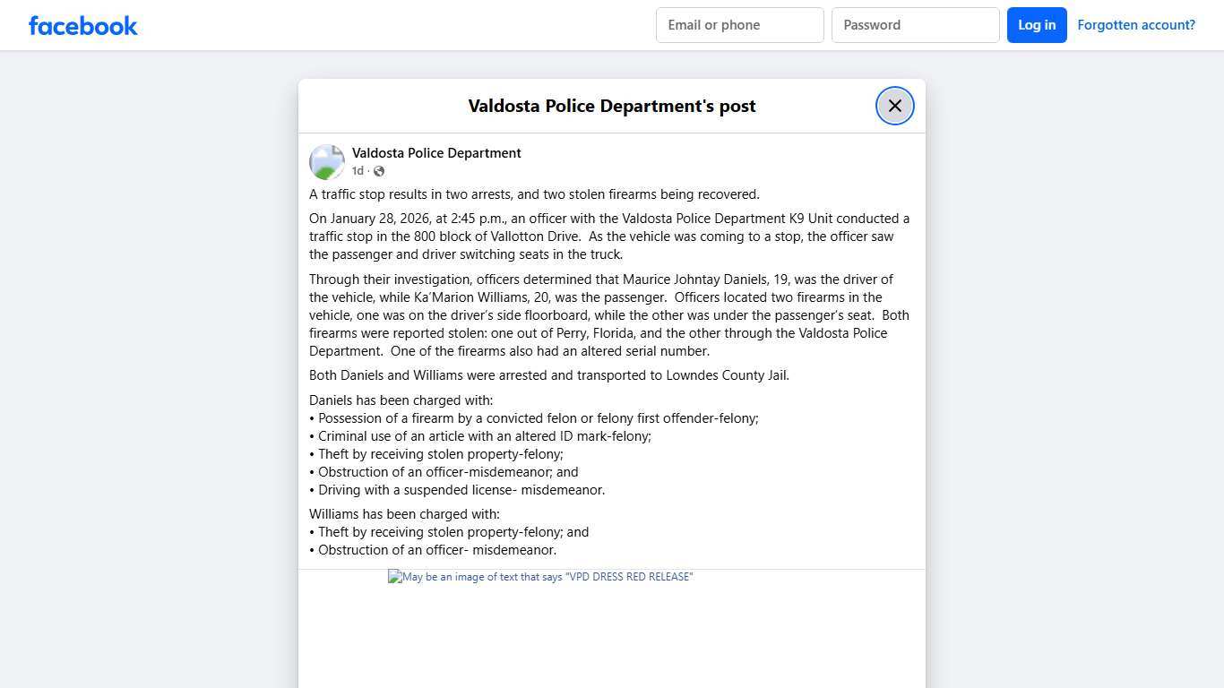 A traffic stop results in two... - Valdosta Police Department Facebook